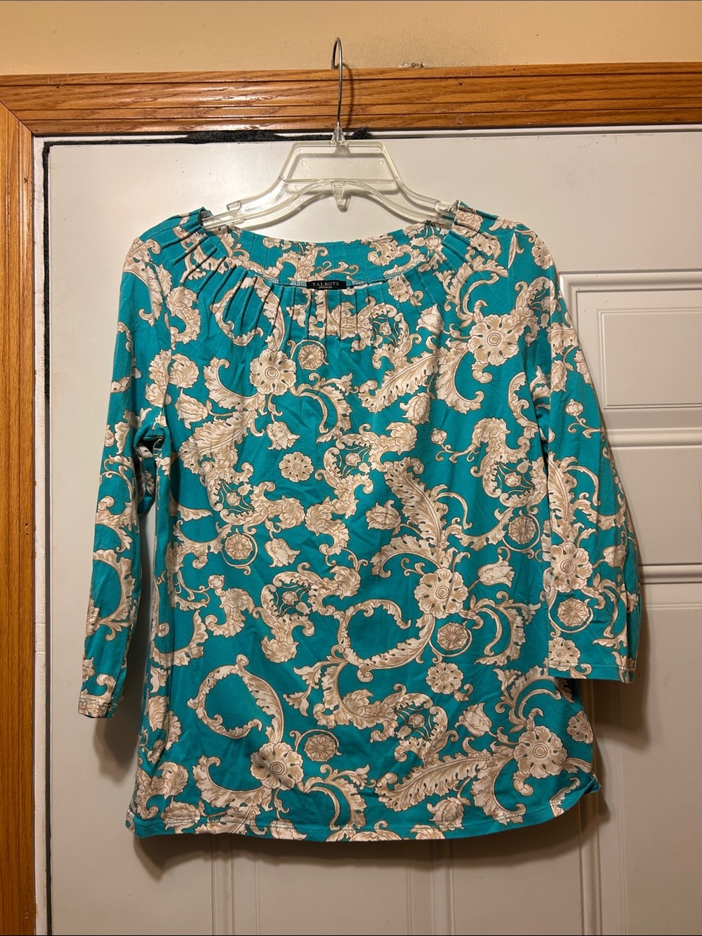 Talbots Teal 3/4 Sleeve Floral Scroll‎ Top S